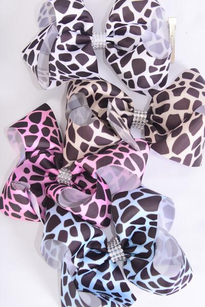 Hair Bow Jumbo Giraffe Pattern Mix Grosgrain Bow-tie / 12 pcs Bow = Dozen  Alligator Clip , Size - 6" x 5" Wide , 3 of each Pattern , Clip Strip & UPC Code