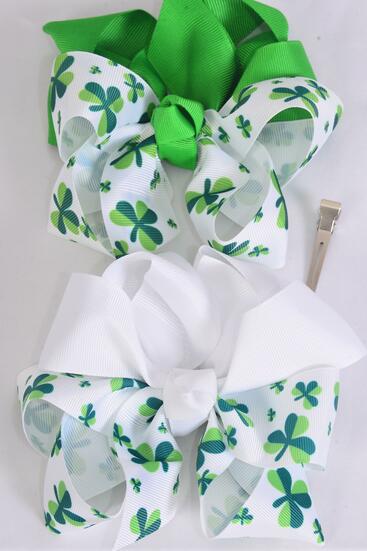 Hair Bow Jumbo Bow 2 tone Shamrock Grosgrain Bow-tie / 12 pcs Bow = Dozen Alligator Clip , Size - 6" x 5" Wide , 6 of each Color Asst , Clip Strip and UPC Code