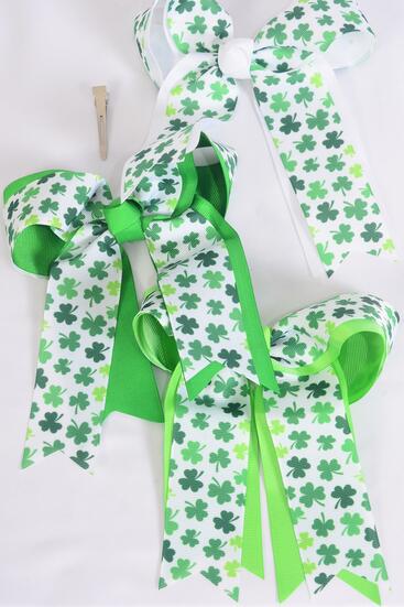 Hair Bow Jumbo Long Tail Double Layered Shamrock Grosgrain Bow-tie / 12 pcs Bow = Dozen Alligator Clip , Size - 6.5" x 6" Wide , 4 of each Pattern Asst , Clip Strip and UPC Code