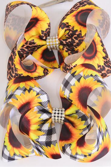 Hair Bow Jumbo Sunflower Plaid Leopard Mix Grosgrain Bow-tie / 12 pcs Bow = Dozen Sunflowed , Alligator Clip , Size - 6" x 5" Wide , 6 Of each Pattern Asst , Clip Strip and UPC Code