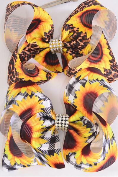 Hair Bow Jumbo Sunflower Plaid Leopard Mix Grosgrain Bow-tie / 12 pcs Bow = Dozen Sunflowed , Alligator Clip , Size - 6" x 5" Wide , 6 Of each Pattern Asst , Clip Strip and UPC Code