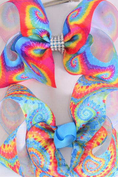 Hair Bow Jumbo Gradient Tiedye Grosgrain Bow-tie /  12 pcs Bow = Dozen Alligator Clip , Size - 6" x 5" Wide , 6 of each Pattern Asst , Clip Strip & UPC Code