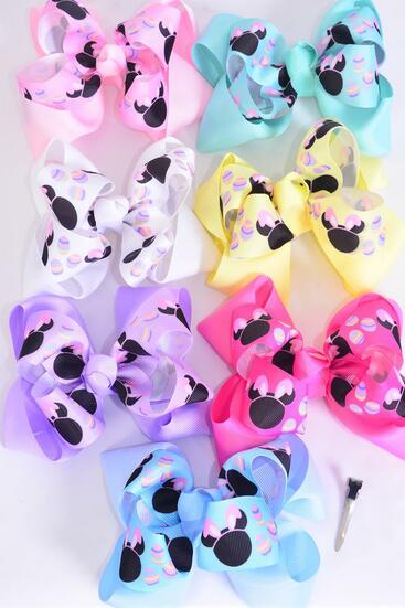 Hair Bow Jumbo Double Layered Mouse Ear Pastel Grosgrain Bow-tie / 12 pcs Bow = Dozen Alligator Clip , Size - 6" x 5" Wide , 2 White , 2 Pink , 2 Lavender, 2 Hot Pink , 2 Mint Green ,  1 Blue , 1 Yellow Color Mix , Clip Strip & UPC Code