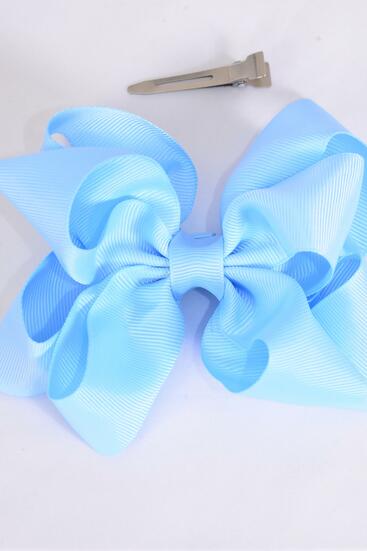 Hair Bow Jumbo Double Layered Sky Blue Grosgrain Bow-tie / 12 pcs Bow = Dozen Sky Blue , Alligator Clip , Size - 6" x 5" , Clip Strip and UPC Code