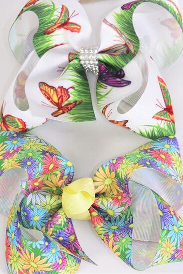 Hair Bow Jumbo Spring Garden Flower Daisy Butterfly Grosgrain Bow-tie /  12 pcs Bow = Dozen  Alligator Clip , Size - 6" x 5" Wide , 6 of each Pattern Asst , Clip Strip and UPC Code