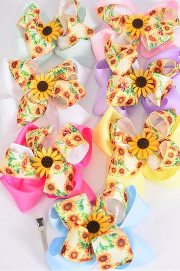 Hair Bow Jumbo Double Layered Sunflower Charm Grosgrain Bow-tie Pastel / 12 pcs Bow = Dozen  Alligator Clip , Size- 6" x 5" Wide , 2 White , 2 Pink , 2 Hot Pink , 2 Lavender , 2 Mint Green , 1 Yellow , 1 Blue Color Asst , Clip Strip & UPC Code
