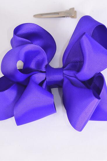 Hair Bow Jumbo Double Layered Purple Grosgrain Bow-tie / 12 pcs Bow = Dozen Purple , Alligator Clip , Size - 6" x 5" , Clip Strip and UPC Code
