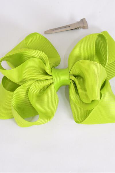 Hair Bow Jumbo Double Layered Lime Green Grosgrain Bow-tie / 12 pcs Bow = Dozen Lime Green , Alligator Clip , Size - 6" x 5" , Clip Strip and UPC Code