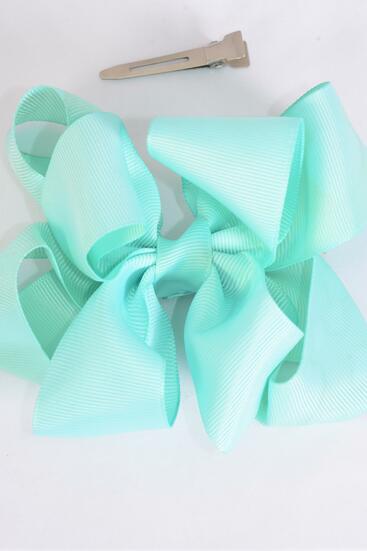 Hair Bow Jumbo Double Layered Mint Green Grosgrain Bow-tie / 12 pcs Bow = Dozen Mint Green , Alligator Clip , Size - 6" x 5" , Clip Strip and UPC Code