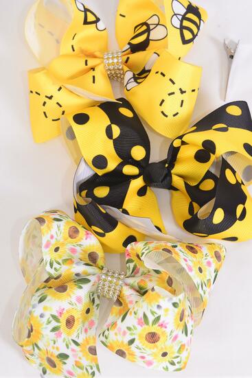 Hair Bow Jumbo Honey Bee Polka dot Sunflower Mix  Grosgrain Bow-tie / 12 pcs Bow = Dozen Alligator Clip , Size - 6" x 5" Wide , 4 Of each Pattern Asst , Clip Strip & UPC Code