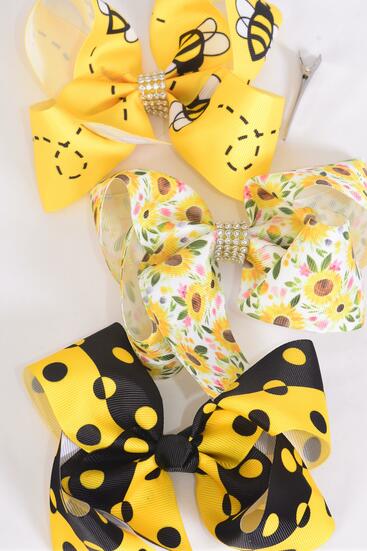 Hair Bow Jumbo Honey Bee Polka dot Sunflower Mix  Grosgrain Bow-tie / 12 pcs Bow = Dozen Alligator Clip , Size - 6" x 5" Wide , 4 Of each Pattern Asst , Clip Strip & UPC Code