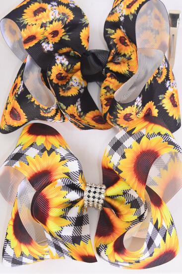 Hair Bow Jumbo Sunflower Mix Grosgrain Bow-tie / 12 pcs Bow = Dozen  Sunflower , Alligator Clip , Size - 6" x 5" Wide , 6 Of each Pattern Asst , Clip Strip and UPC Code