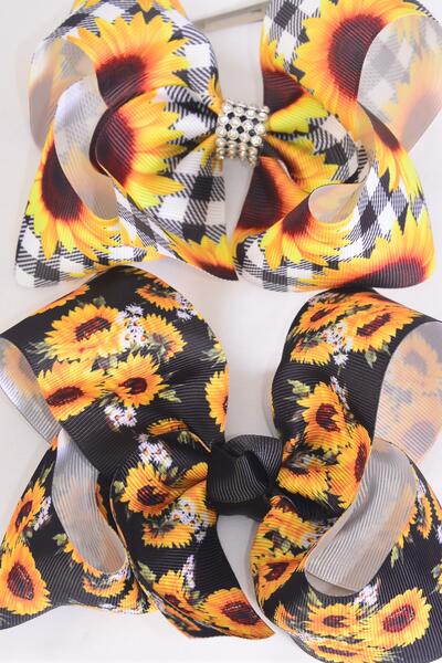 Hair Bow Jumbo Sunflower Mix Grosgrain Bow-tie / 12 pcs Bow = Dozen  Sunflower , Alligator Clip , Size - 6" x 5" Wide , 6 Of each Pattern Asst , Clip Strip and UPC Code