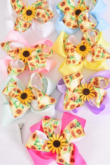 Hair Bow Jumbo Double Layered Sunflower Charm Grosgrain Bow-tie Pastel / 12 pcs Bow = Dozen  Alligator Clip , Size- 6" x 5" Wide , 2 White , 2 Pink , 2 Hot Pink , 2 Lavender , 2 Mint Green , 1 Yellow , 1 Blue Color Asst , Clip Strip & UPC Code