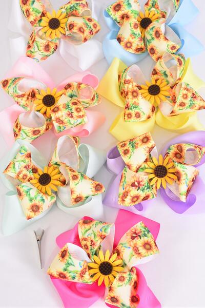Hair Bow Jumbo Double Layered Sunflower Charm Grosgrain Bow-tie Pastel / 12 pcs Bow = Dozen  Alligator Clip , Size- 6" x 5" Wide , 2 White , 2 Pink , 2 Hot Pink , 2 Lavender , 2 Mint Green , 1 Yellow , 1 Blue Color Asst , Clip Strip & UPC Code