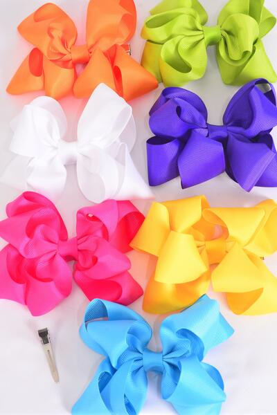 Hair Bow Jumbo Double Layered Citrus Grosgrain Bow-tie / 12 pcs Bow = Dozen  Alligator Clip , Size - 6" x 5" Wide , 2 White , 2 Fuchsia , 2 Purple , 2 Blue , 2 Yellow , 1 Orange , 1 Lime Color Mix , Clip Strip and UPC Code