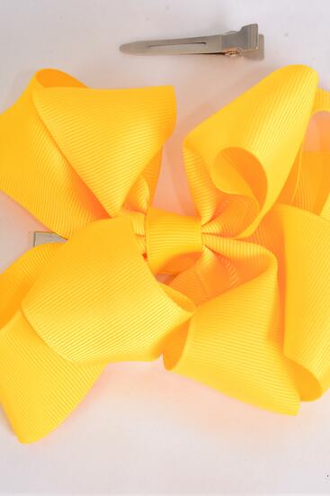 Hair Bow Jumbo Double Layered Daffodil Yellow Grosgrain Bow-tie / 12 pcs Bow = Dozen Daffodil Yellow , Alligator Clip , Size - 6" x 5" , Clip Strip and UPC Code