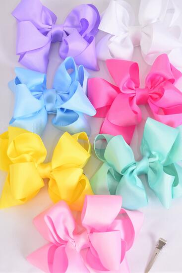 Hair Bow Jumbo Double Layered Pastel Grosgrain Bow-tie / 12 pcs Bow = Dozen  Alligator Clip , Size - 6" x 5" Wide , 2 White , 2 Pink , 2 Yellow , 2 Lavender , 2 Blue , 1 Hot Pink , 1 Mint Mix , Clip Strip and UPC Code