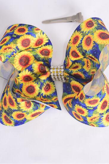 Hair Bow Jumbo Sunflower Grosgrain Bow-tie / 12 pcs Bow = Dozen Alligator Clip , Size - 6" x 5" Wide , Clip Strip & UPC Code