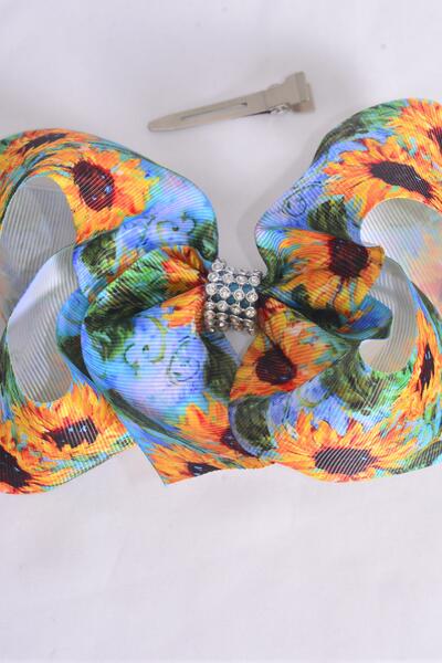Hair Bow Jumbo Sunflower Grosgrain Bow-tie / 12 pcs Bow = Dozen Alligator Clip , Size - 6" x 5" Wide , Clip Strip & UPC Code