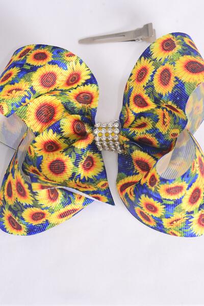 Hair Bow Jumbo Sunflower Grosgrain Bow-tie / 12 pcs Bow = Dozen Alligator Clip , Size - 6" x 5" Wide , Clip Strip & UPC Code