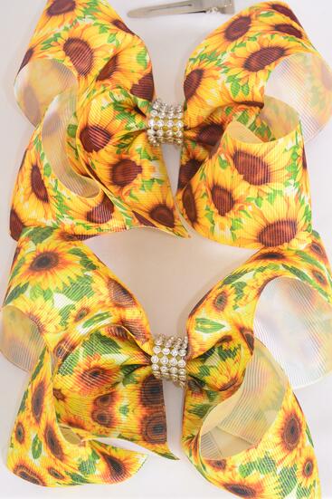 Hair Bow Jumbo Happy Sunflowers Grosgrain Bow-tie / 12 pcs Bow = Dozen  Sunflower , Alligator Clip , Size - 6" x 5" Wide , 6 Of Each Pattern Asst , Clip Strip and UPC Code
