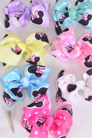 Hair Bow Large Polka dot Mouse Ear Pastel Grosgrain Bow-tie / 12 pcs Bow = Dozen Alligator Clip , Size - 4" x 3 " , 2 White , 2 Baby Pink , 2 Lavender , 2 Hot Pink , 2 Mint Green ,1 Blue, 1 Yellow Color Asst , Clip Strip & UPC Code