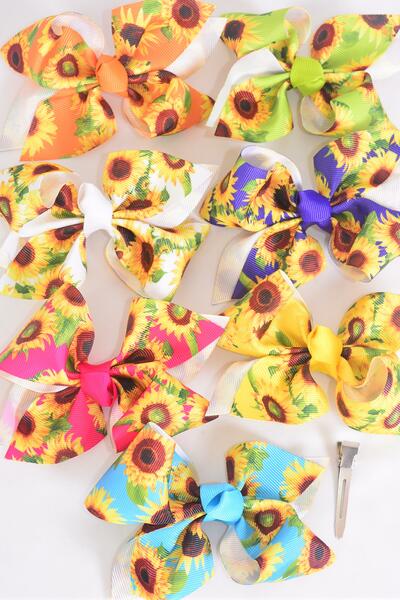 Hair Bow Large Sunflower Grosgrain Bow-tie Multi / 12 pcs Bow = Dozen Alligator Clip , Size - 4" x 3" Wide , 2 White , 2 Hot Pink , 2 Blue , 2 Purple , 2 Yellow , 1 Orange , 1 Lime Color Asst , Clip Strip & UPC Code 