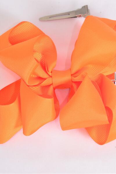 Hair Bow Jumbo Double Layered Orange Grosgrain Bow-tie / 12 pcs Bow = Dozen Orange , Alligator Clip , Size - 6" x 5" , Clip Strip and UPC Code