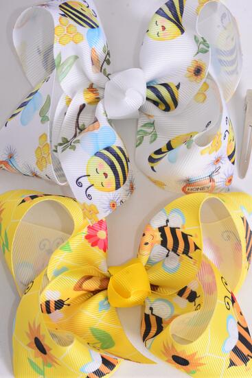 Hair Bow Jumbo Cute Bumble Bee Honey Bees Mix Grosgrain Bow-tie / 12 pcs Bow = Dozen  match 00143  Alligator Clip , Size - 6" x 5" Wide , 6 Of each Pattern Asst , Clip Strip & UPC Code