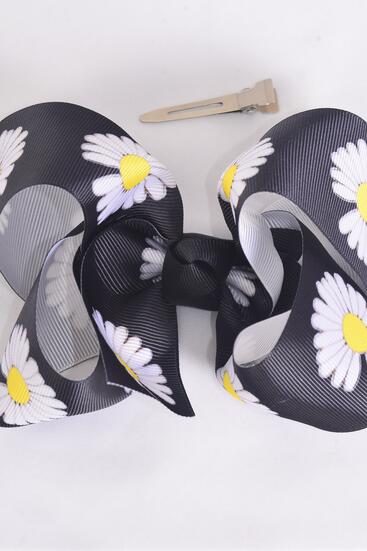 Hair Bow Jumbo Daisy Flower Grosgrain Bow-tie / 12 pcs Bow = Dozen Alligator Clip , Size - 6" x 5" Wide , Clip Strip & UPC Code