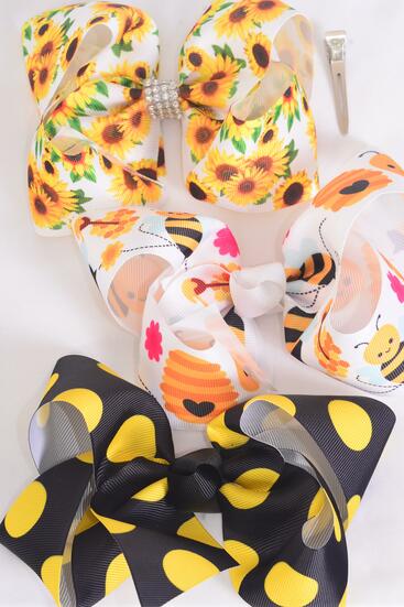 Hair Bow Jumbo Sunflower Honey Bee Polka dots Mix Grosgrain Bow-tie / 12 pcs Bow = Dozen Alligator Clip , Size - 6" x 5" Wide , 4 Of Each Pattern Asst , Clip Strip and UPC Code