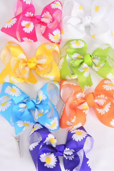 Hair Bow Jumbo Flower Daisy Citrus Grosgrain Bow-tie /  12 pcs Bow = Dozen Alligator Clip , Size - 6" x 5" Wide , 2 Fuchsia , 2 Blue , 2 Yellow , 2 Purple , 2 White , 1 Lime , 1 Orange Color Asst ,Clip Strip and UPC Code