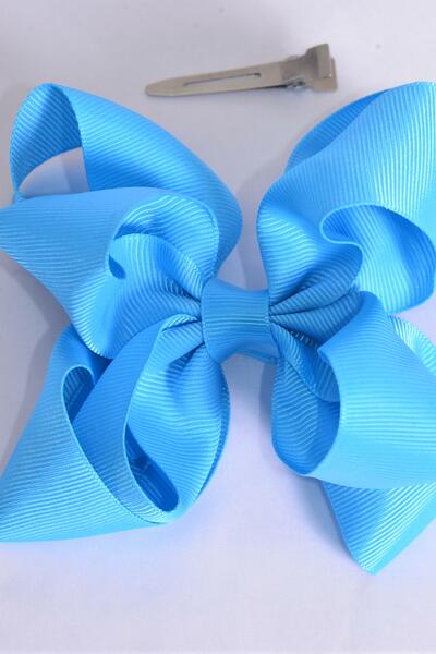 Hair Bow Jumbo Double Layered Turquoise Grosgrain Bow-tie / 12 pcs Bow = Dozen Turquoise , Alligator Clip , Size - 6" x 5" , Clip Strip and UPC Code