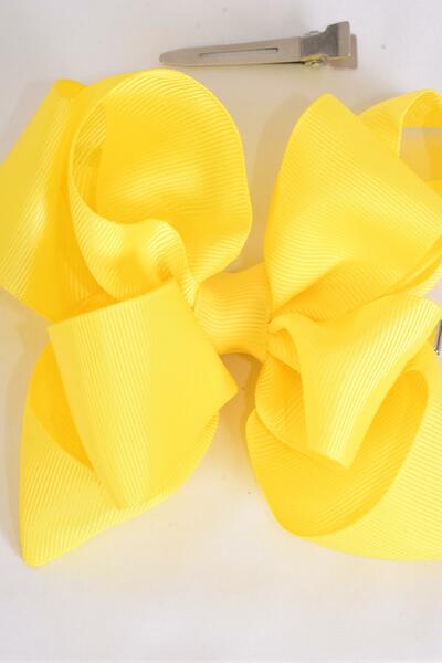 Hair Bow Jumbo Double Layered Baby Yellow Grosgrain Bow-tie / 12 pcs Bow = Dozen Baby Yellow , Alligator Clip , Size - 6" x 5" , Clip Strip and UPC Code