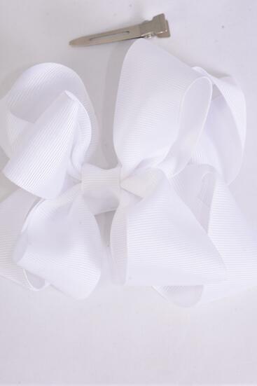Hair Bow Jumbo Double Layered White Grosgrain Bow-tie / 12 pcs Bow = Dozen  White , Alligator Clip , Size - 6" x 5" ,  Clip Strip and UPC Code