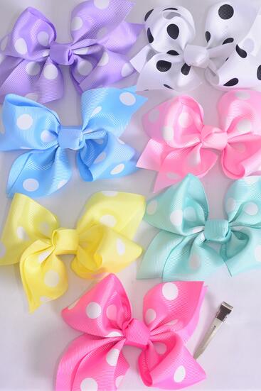 Hair Bow Large Polka- Dots Grosgrain Bow-tie Pastel / 12 pcs Bow = Dozen Alligator Clip , Size - 4" x 3", 2 White , 2 Baby Pink , 2 Lavender , 2 Blue , 2 Yellow , 1 Peach , 1 Mint Green Color Asst , Clip Strip & UPC Code