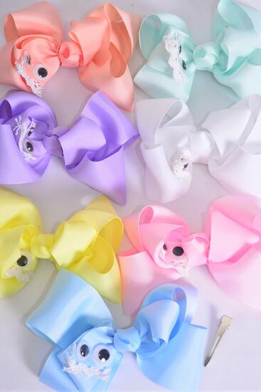 Hair Bow Jumbo Cute cartoon W Googly Eyes Pastel Grosgrain Bow-tie / 12 pcs Bow = Dozen Pastel , Alligator Clip , Size - 6" x 5", 2 White , 2 Pink , 2 Lavender , 2 Blue , 2 Yellow , 1 Peach , 1 Mint Color Asst , Clip Strip and UPC Code