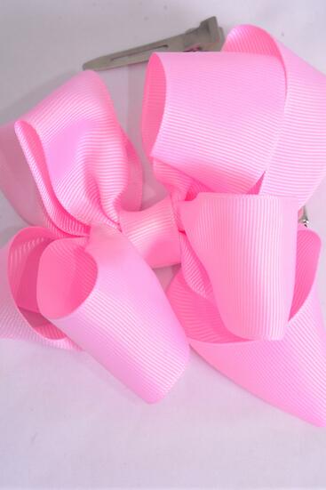 Hair Bow Jumbo Double Layered Baby Pink Grosgrain Bow-tie / 12 pcs Bow = Dozen Baby Pink , Alligator Clip , Size - 6" x 5" , Clip Strip and UPC Code