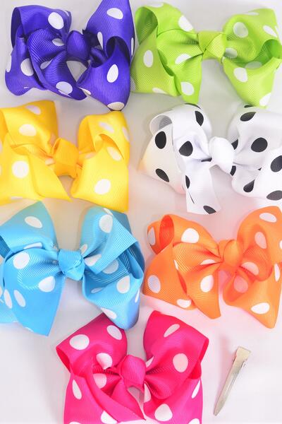Hair Bow Large Polka- Dots Grosgrain Bow-tie Multi / 12 pcs Bow = Dozen Multi , Alligator Clip , Size - 4" x 3" , 2 White , 2 Fuchsia , 2 Purple , 2 Yellow , 2 Blue , 1 Lime , 1 Orange Color Asst , Clip strip & UPC code