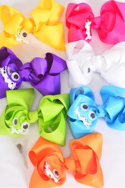 Hair Bow Jumbo Cute Cartoon W Googly Eyes Citrus Grosgrain Bow-tie / 12 pcs Bow = Dozen Alligator Clip , Size - 6" x 5" Wide , 2 Fuchsia , 2 Blue , 2 Yellow , 2 Purple , 2 White , 1 Lime , 1 Orange Color Asst , Clip Strip and UPC Code