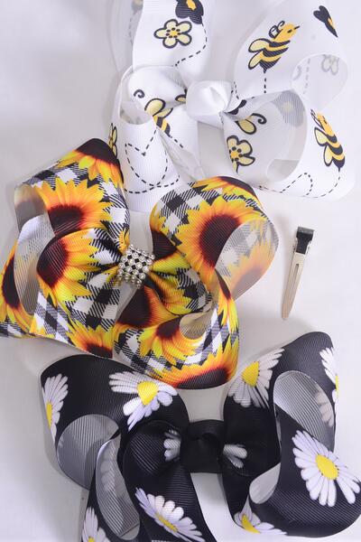 Hair Bow Jumbo Sunflower Honey Bee Daisy Flower Mix Grosgrain Bow-tie / 12 pcs Bow = Dozen Alligator Clip , Size - 6" x 5" Wide , 4 Of Each Pattern Asst , Clip Strip & UPC Code
