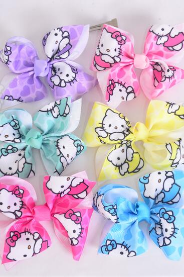 Hair Bow Large Cute Kitty Cat Grosgrain Bow-tie Pastel / 12 pcs Bow = Dozen  Alligator Clip , Size - 4" x 3" , 2 White , 2 Baby Pink , 2 Lavender , 2 Blue , 2 Yellow , 1 Hot Pink , 1 Mint Color Asst , Clip Strip & UPC Code
