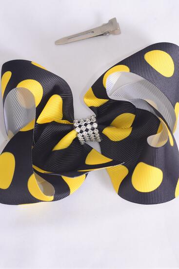 Hair Bow Jumbo Yellow Polka Dot Grosgrain Bow-tie / 12 pcs Bow = Dozen Alligator Clip , Size - 6" x 5" Wide , Clip Strip & UPC Code