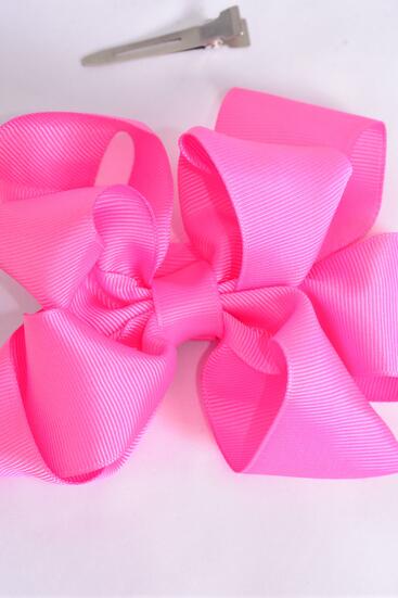 Hair Bow Jumbo Double Layered Hot Pink Grosgrain Bow-tie / 12 pcs Bow = Dozen Hot Pink , Alligator Clip , Size - 6" x 5" , Clip Strip and UPC Code