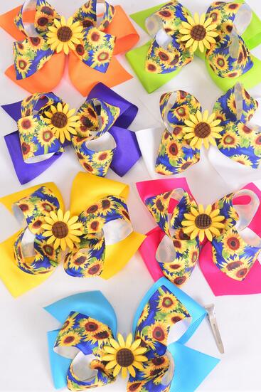 Hair Bow Jumbo Double Layered Sunflower Charm Grosgrain Bow-tie Citrus / 12 pcs Bow = Dozen Alligator Clip , Size - 6" x 5" Wide , 2 White , 2 Fuchsia , 2 Purple , 2 Yellow , 2 Blue , 1 Lime , 1 Orange Color Asst , Clip Strip & UPC Code