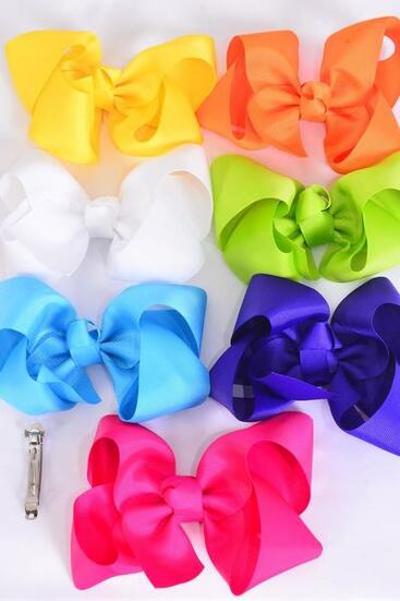Hair Bow Jumbo Citrus Grosgrain Bow-tie / 12 pcs Bow = Dozen French Clip , Bow - 6" x 5" Wide , 2 White , 2 Turquoise , 2 Fuchsia , 2 Purple , 2 Orange , 1 Lime, 1 Yellow Colour Asst , Clip Strip & UPC Code