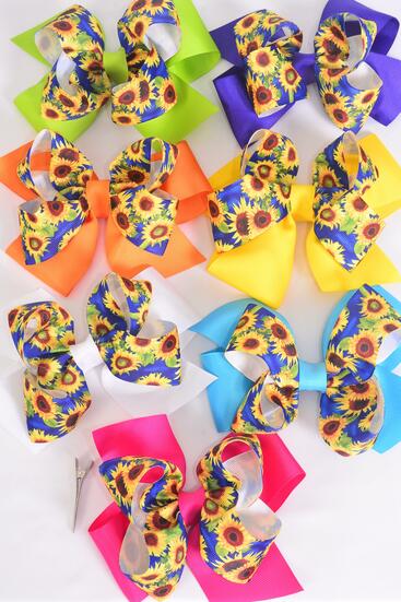 Hair Bow Jumbo Double Layered Sunflower Print Grosgrain Bow-tie Citrus / 12 pcs Bow = Dozen Alligator Clip , Size - 6" x 5" Wide , 2 White , 2 Fuchsia , 2 Purple , 2 Yellow , 2 Blue , 1 Lime , 1 Orange Color Asst , Clip Strip & UPC Code