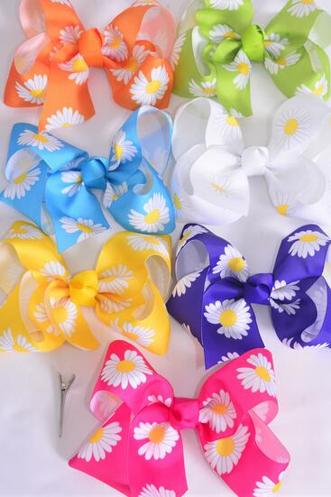 Hair Bow Jumbo Flower Daisy Citrus Grosgrain Bow-tie /  12 pcs Bow = Dozen Alligator Clip , Size - 6" x 5" Wide , 2 Fuchsia , 2 Blue , 2 Yellow , 2 Purple , 2 White , 1 Lime , 1 Orange Color Asst ,Clip Strip and UPC Code