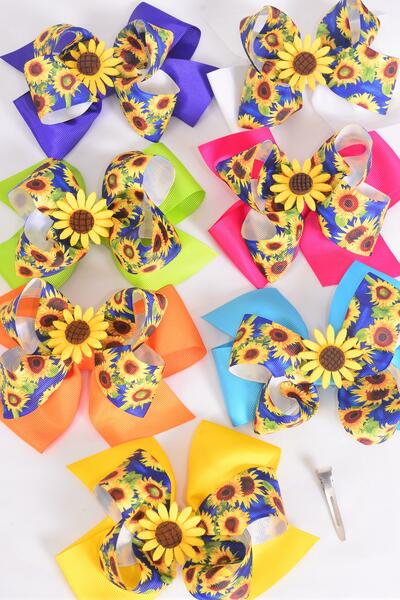 Hair Bow Jumbo Double Layered Sunflower Charm Grosgrain Bow-tie Citrus / 12 pcs Bow = Dozen Alligator Clip , Size - 6" x 5" Wide , 2 White , 2 Fuchsia , 2 Purple , 2 Yellow , 2 Blue , 1 Lime , 1 Orange Color Asst , Clip Strip & UPC Code